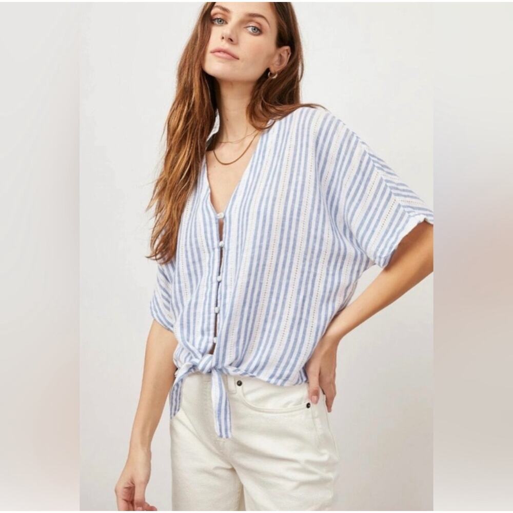 Rails Thea Tie Front Shirt Women's Size Large Blue and White Catalina Stripe